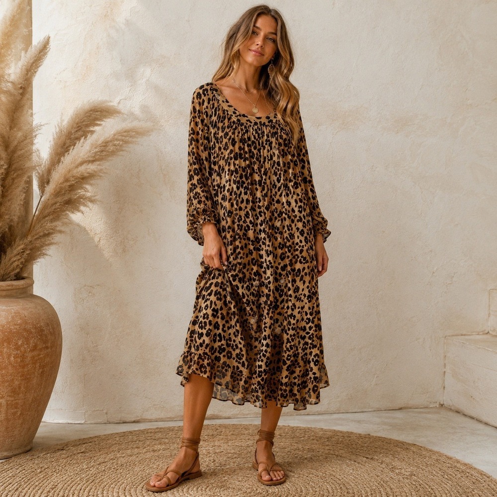 & Other Stories Leopard Print Midi Dress Tan Brown Balloon Sleeve Women US 2 NWT